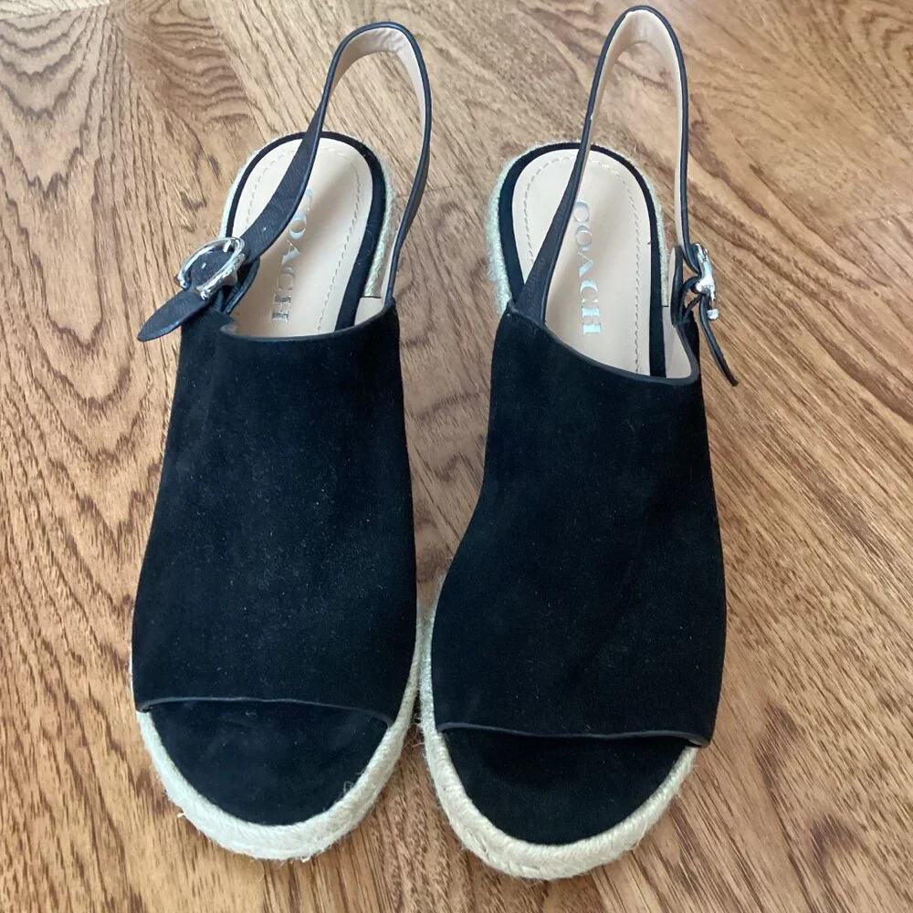 NEW Coach Poppy Espadrille Wedge in Black Suede & Signature Canvas 9 Logo Buckle